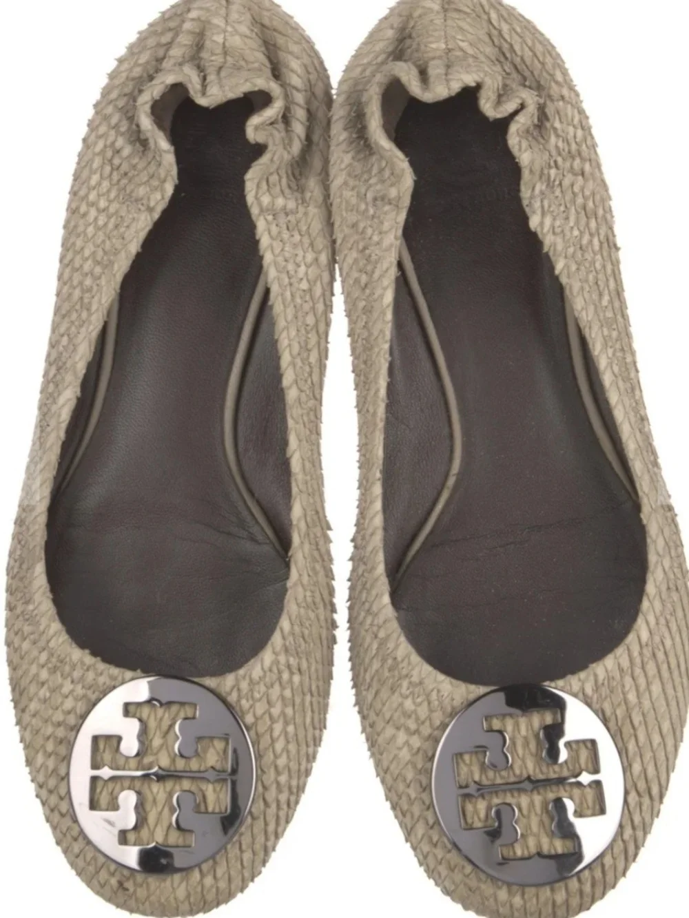 Tory Burch Taupe Snakeskin Ballet Flat with Silver Logo Emblem